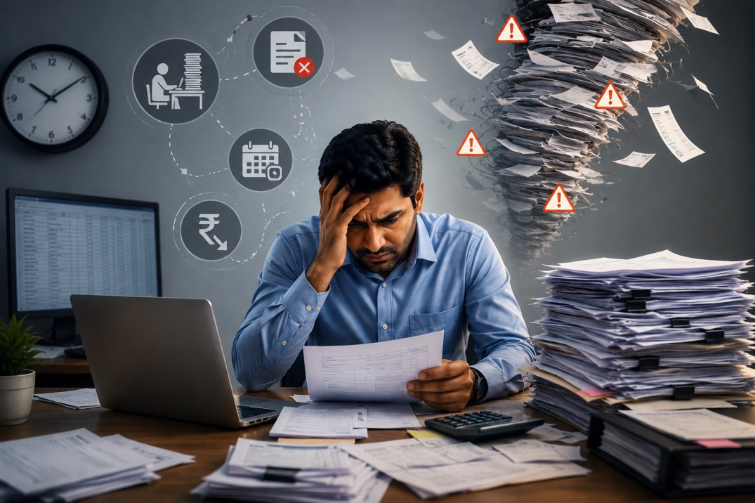 Stressed finance employee managing piles of invoices and paperwork in an overloaded accounts payable office environment.