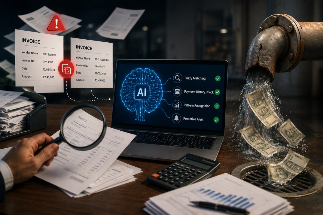 AI-powered invoice processing system detecting duplicate payments and preventing financial leakage in enterprise accounts payable workflows.